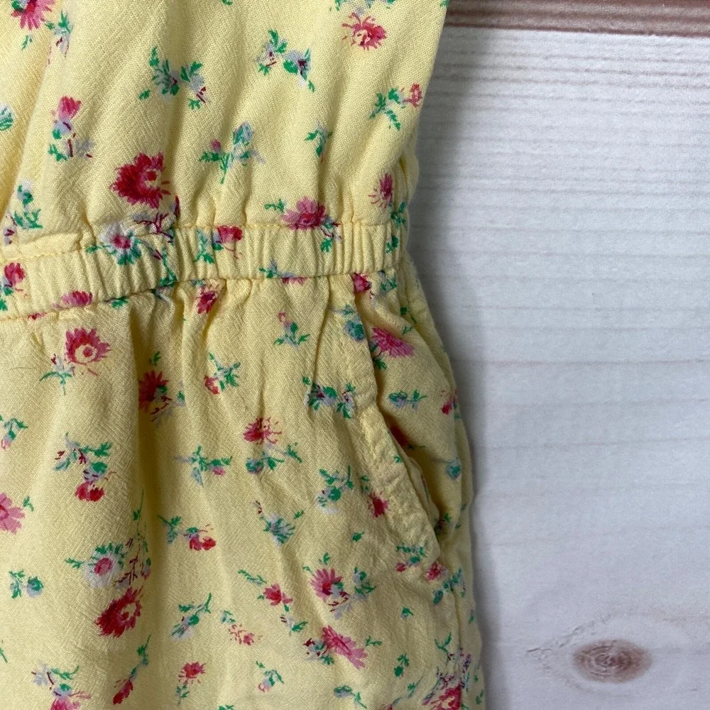 Gap Romper Girls M Yellow Floral Flutter Sleeve Button Up Pockets Elastic Waist